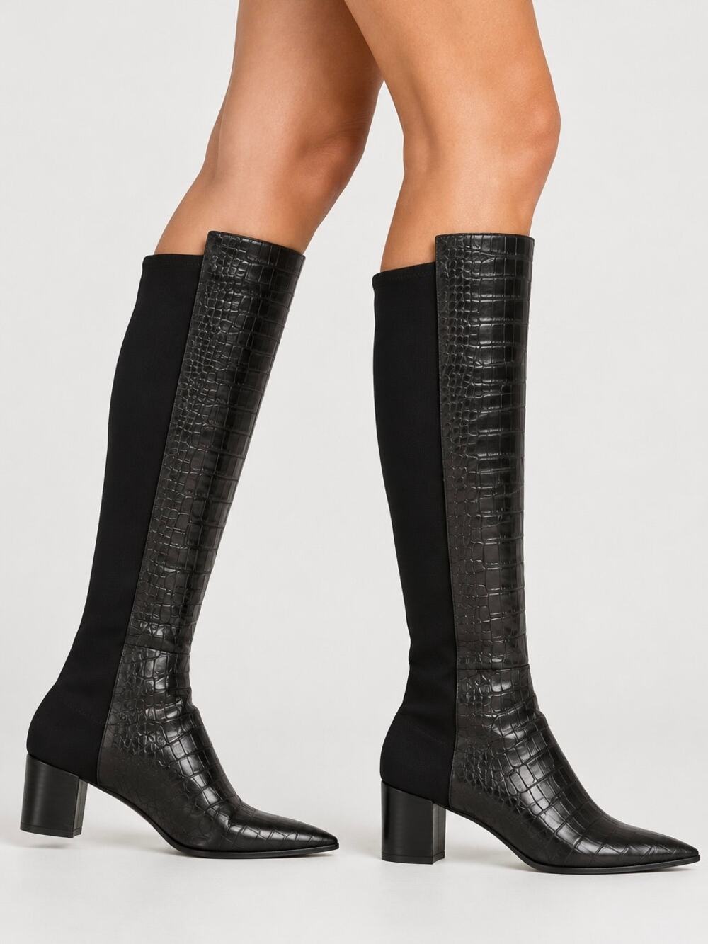 Stuart Weitzman 5050 Over The Knee Boots Leather Croc Embossed Block Heel Black